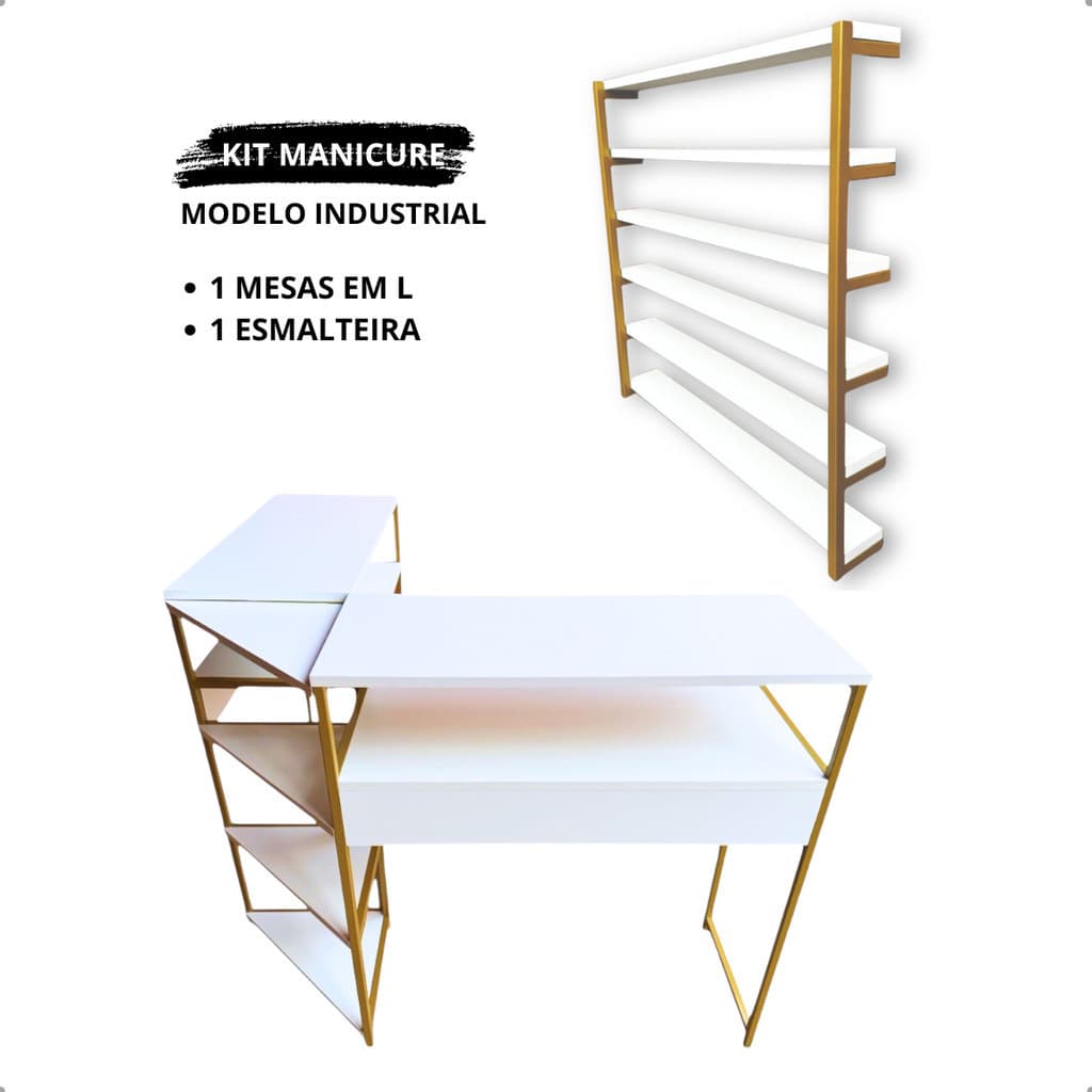 Mesa Manicure em L Modelo Industrial de Metalon e MDF - Moveis para Salão de Beleza