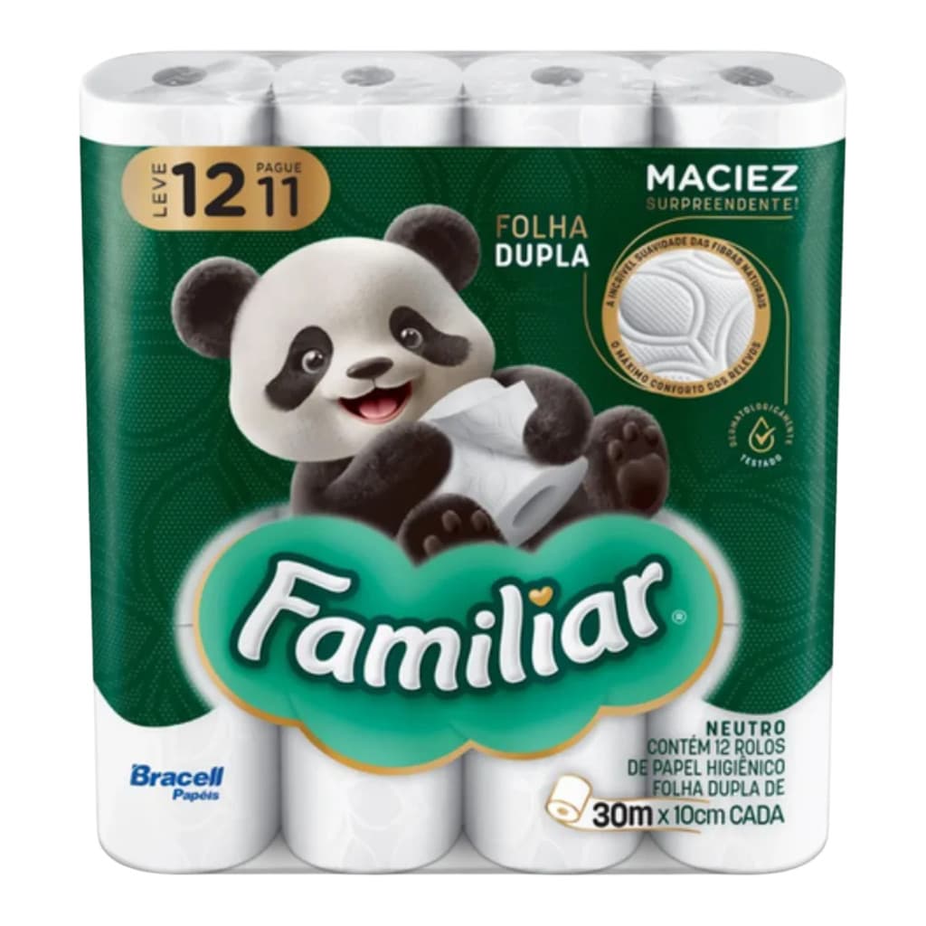Papel Higiênico Familiar Folha Dupla 12 Rolos 30m Macio e Resistente Econômico para Uso Diário