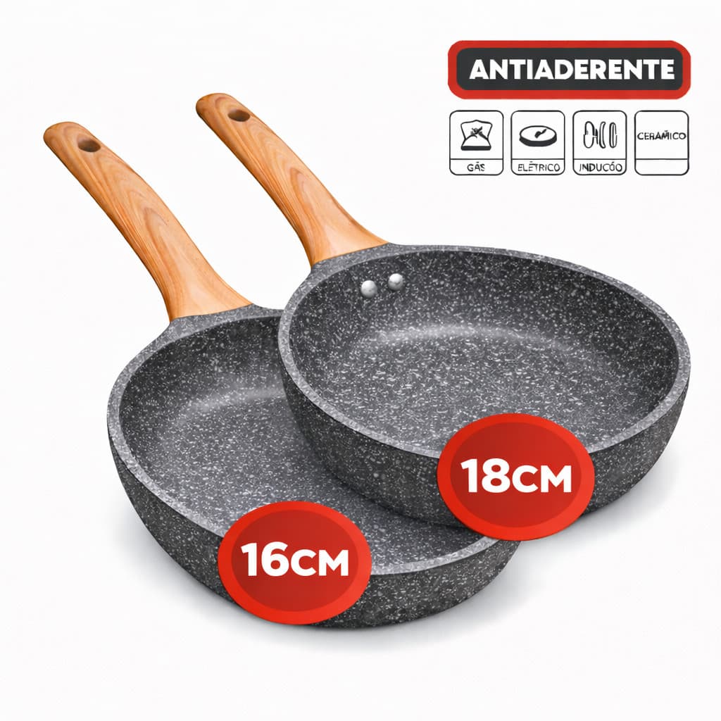 2/1 Frigideira 16 e 18cm Granito Antiaderente Indução de Alumínio Revestimento Cerâmico Premium Cabo Madeira
