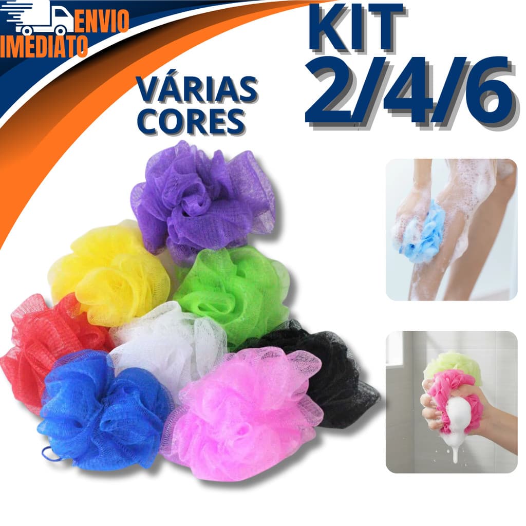 Kit 2/4/6 Esponja Bucha De Banho Nylon Com Cordinha Macia Esfoliante Várias Cores