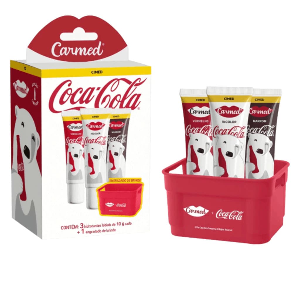 Kit Hidratante Labial Carmed Coca-Cola – Vermelho, Incolor e Marrom 10g Cada + Engradado
