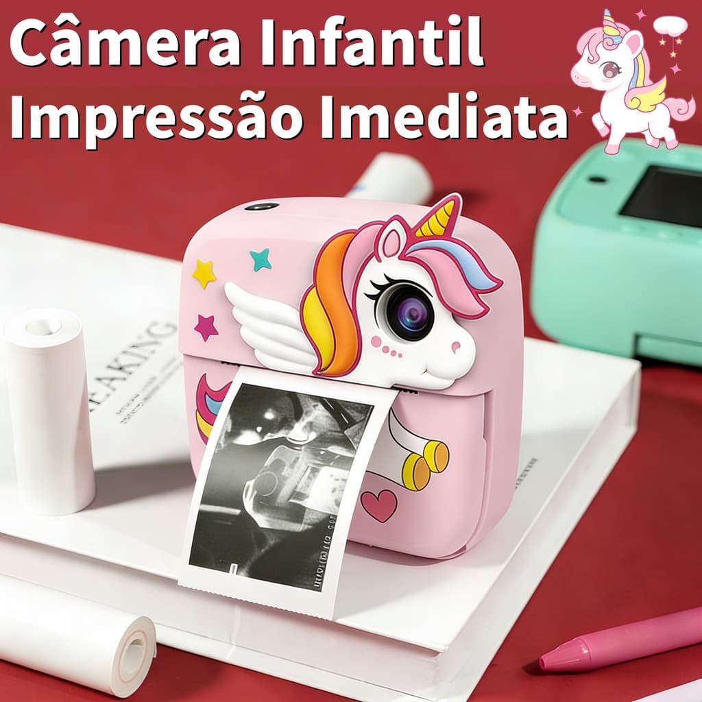 Câmera Infantil Instantânea Mini Fofa HD com Impressão Imediata para Crianças e Estudantes