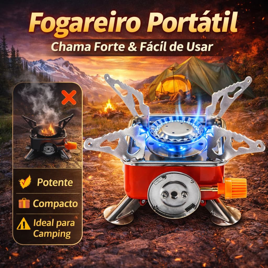 Fogareiro Portátil a Gás com Ignição Automática – Mini Fogão Dobrável para Camping, Viagem e Cozinha Outdoor