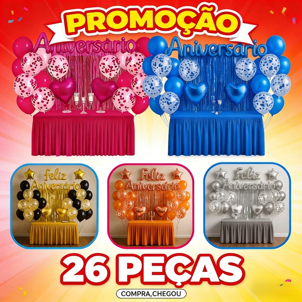 Kit 26 Pcs Balão Feliz Aniversario Cortinas Bexigas Festa Decoração Enfeite Happy Birthday