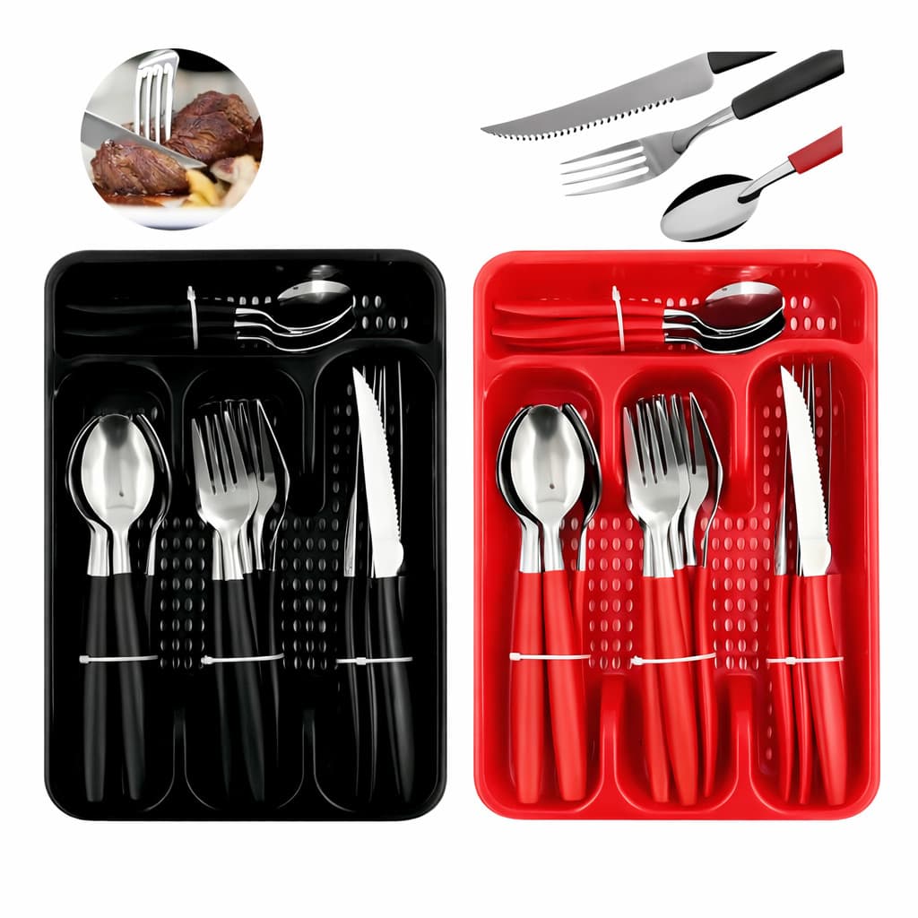 Faqueiro Inox  Porta Talher Com 24 Peças Jogo De Talheres Preto E Vermelho