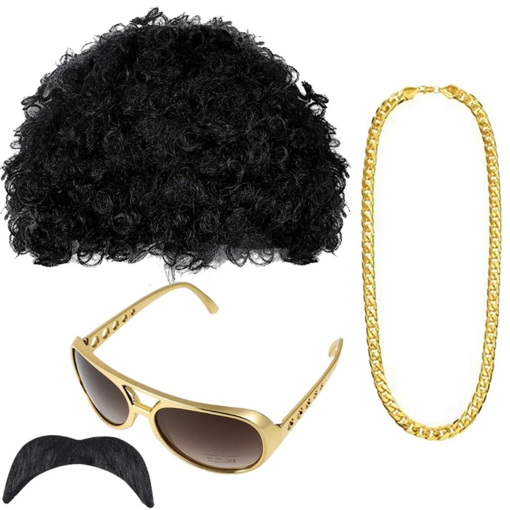Fantasia Discoteca Anos 60 Funk Peruca Colar Óculos Bigode Falso Ostentação Mc Festa Carnaval Halloween Teatro Cosplay