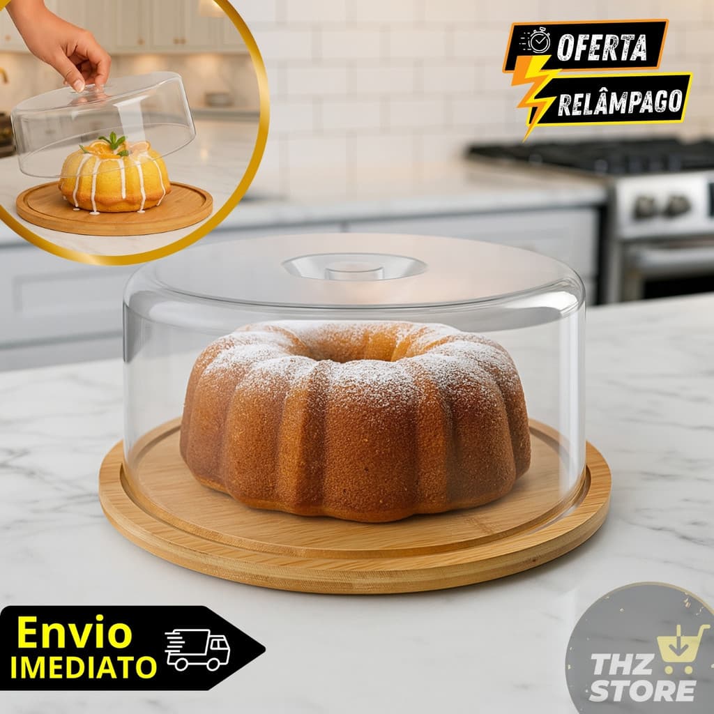 Boleira Bambu Tampa Em Acrílico Porta Bolo Torta Pudim Queijo 28cm Mesa Posta e Cozinha Servir