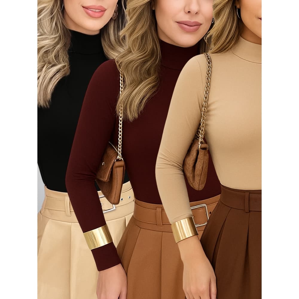 KIT 3 Blusas Feminina Manga Longa Cacharrel Confortável Básico Gola Alta