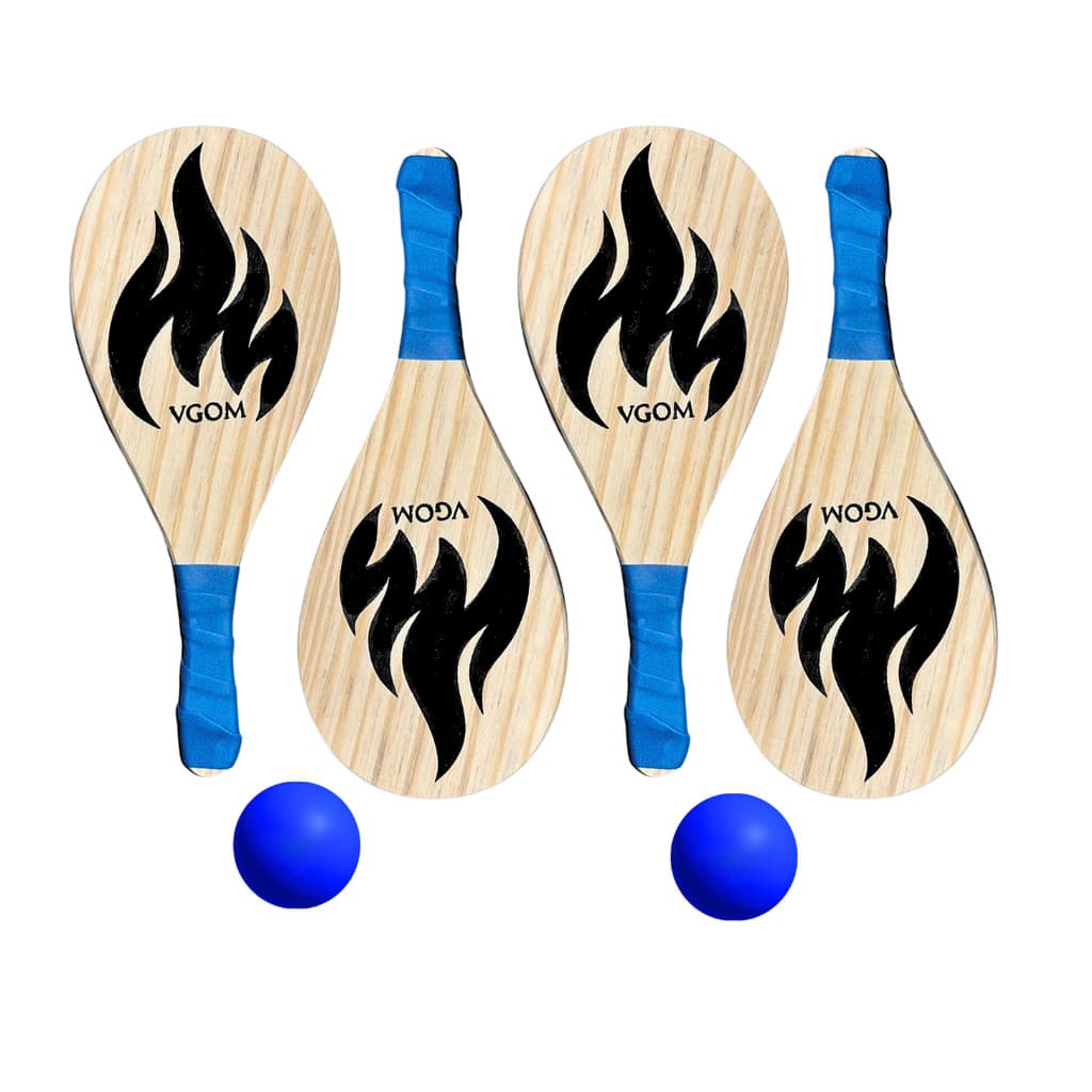 Kit 4 Raquetes De Madeira Para Frescobol Cabo Azul + 2 Bolinhas de Borracha Esporte Diversão Azul