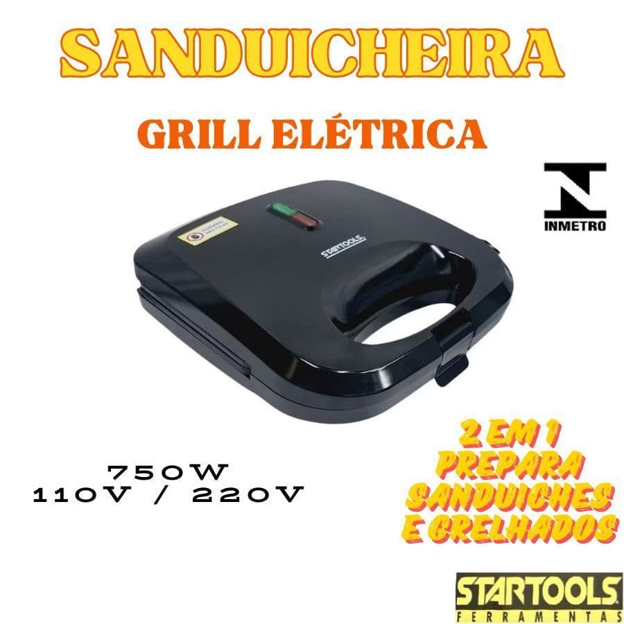 Sanduicheira Grill Elétrica 750W 110 Ou 220V Grelha Duplas 2 Em 1 Sanduíches E Grelhados 21,5x22x7,5