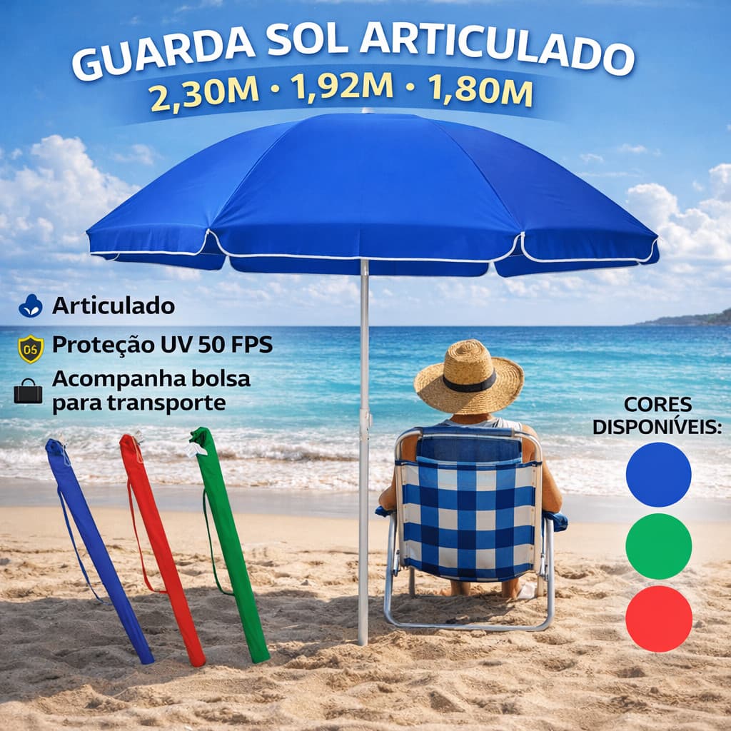 Guarda Sol Grande + Bolsa 2,30 1,92 1,80m Praia Verão Piscina Proteção UV 50 FPS Reforçado Grande  Articulado Qualidade!
