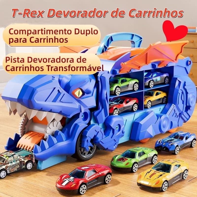 Brinquedo Caminhão T-Rex Engolidor com 4 Carrinhos de Metal + Pista Divertida
