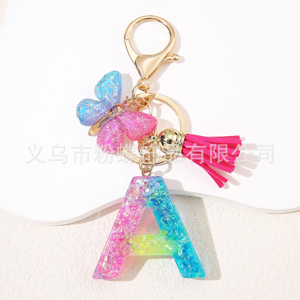 Transfronteiriço Nova Resina tricolor 26 Alfabeto Chaveiro Borboleta Borla Pingente Bolsa Feminina Acessórios