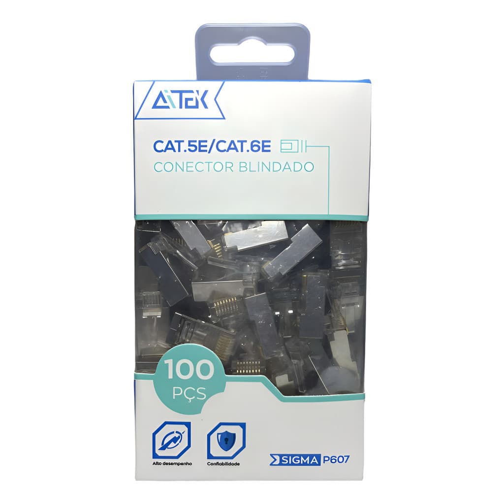 Conector De Rede Rj45 Blindado Macho Cat 6e/ 5e Vazado 100un Compativel com Cat 6e/ 6/ 5e/ 5