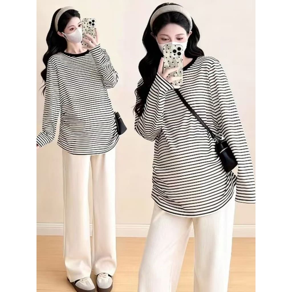 Roupa de maternidade listrada camisa de fundo em torno do pescoço camiseta All-Match Hem arco Design sentimento capa car