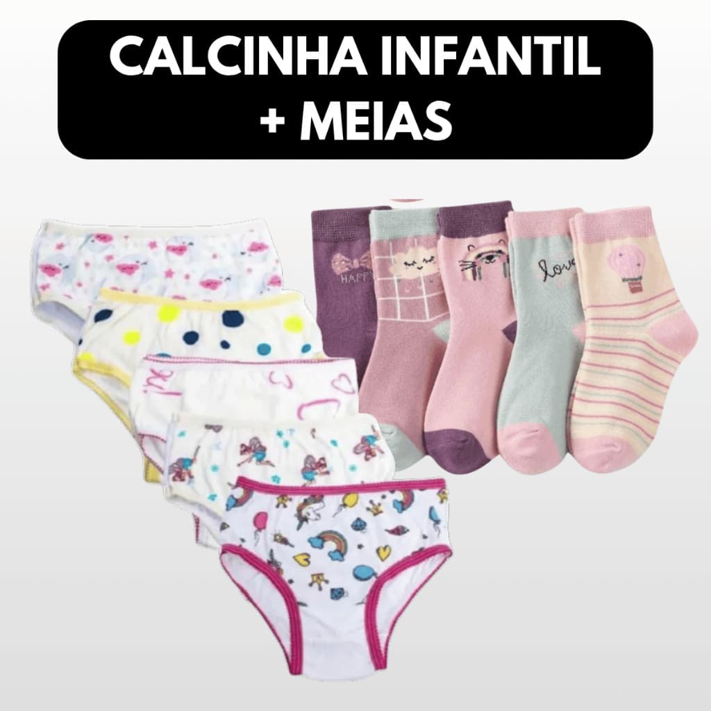 Kit 10 calcinhas INFANTIL + 6 pares de meia menina