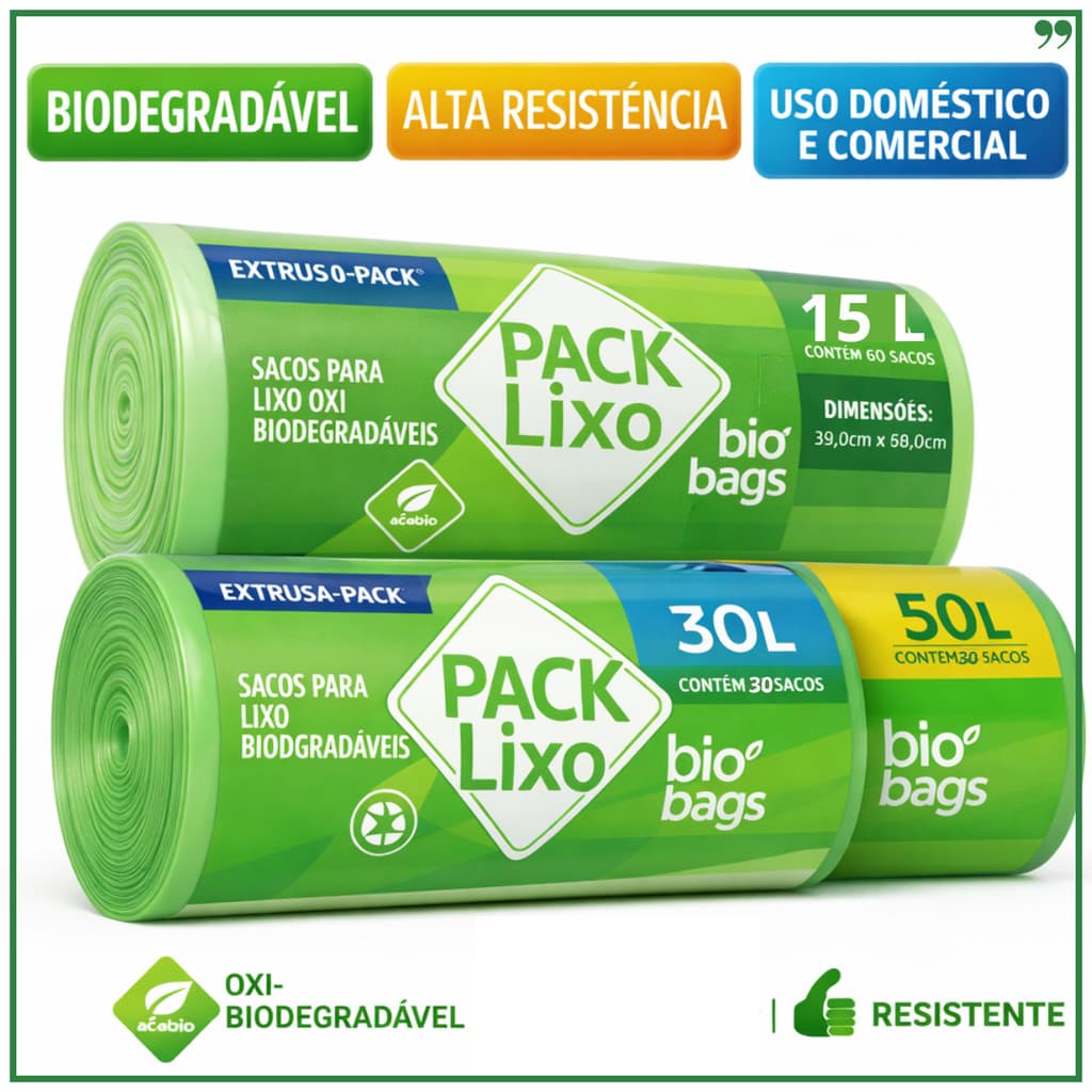 Saco de Lixo Biodegradável 15L 30L 50L | Reforçado | Alta Resistência | Uso Doméstico e Comercial