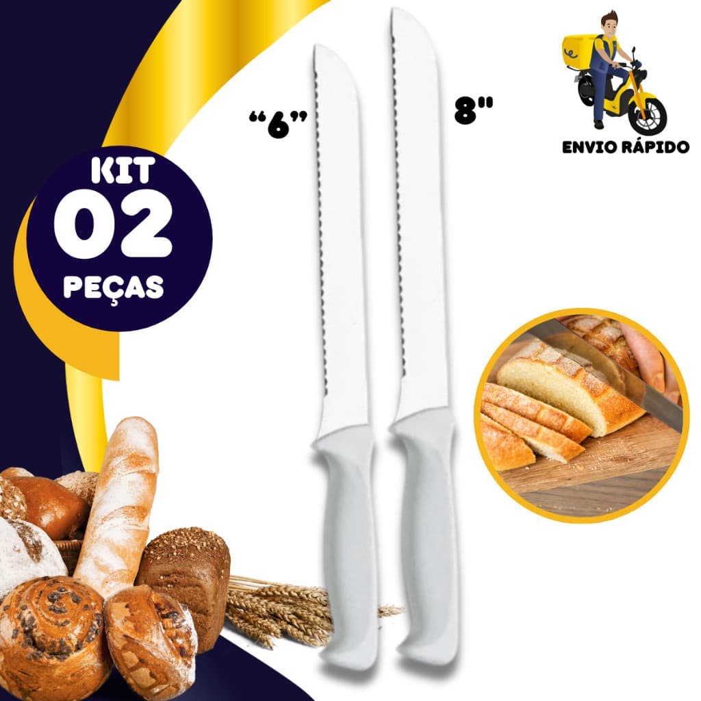 Kit 2 Facas de Pão 6'' e 8" Para Bolos Tortas  Serrilhada Lâmina Aço Inox