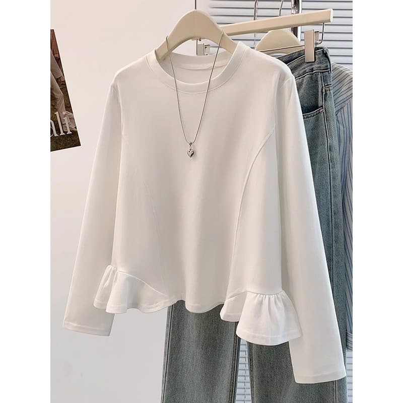 Tamanho grande gordura mm único babados manga comprida camiseta feminina outono 2026 novo estilo High-End barriga cobrin