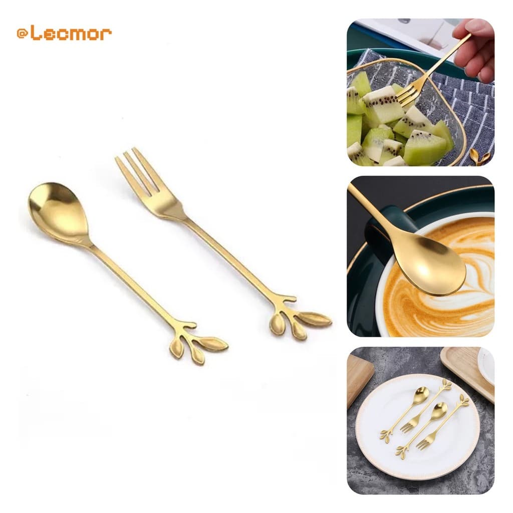 Kit Colher / Garfo de Sobremesa Dourado Formato Folha Aço Inox Para Café, Frutas e Petiscos Luxo