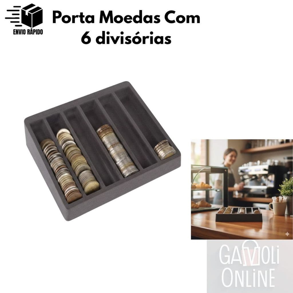 Porta Moedas com 6 Divisórias Organizador de Balcão para Autônomos e Lojistas Uso em Gavetas e Frentes de Caixa 19x15cm