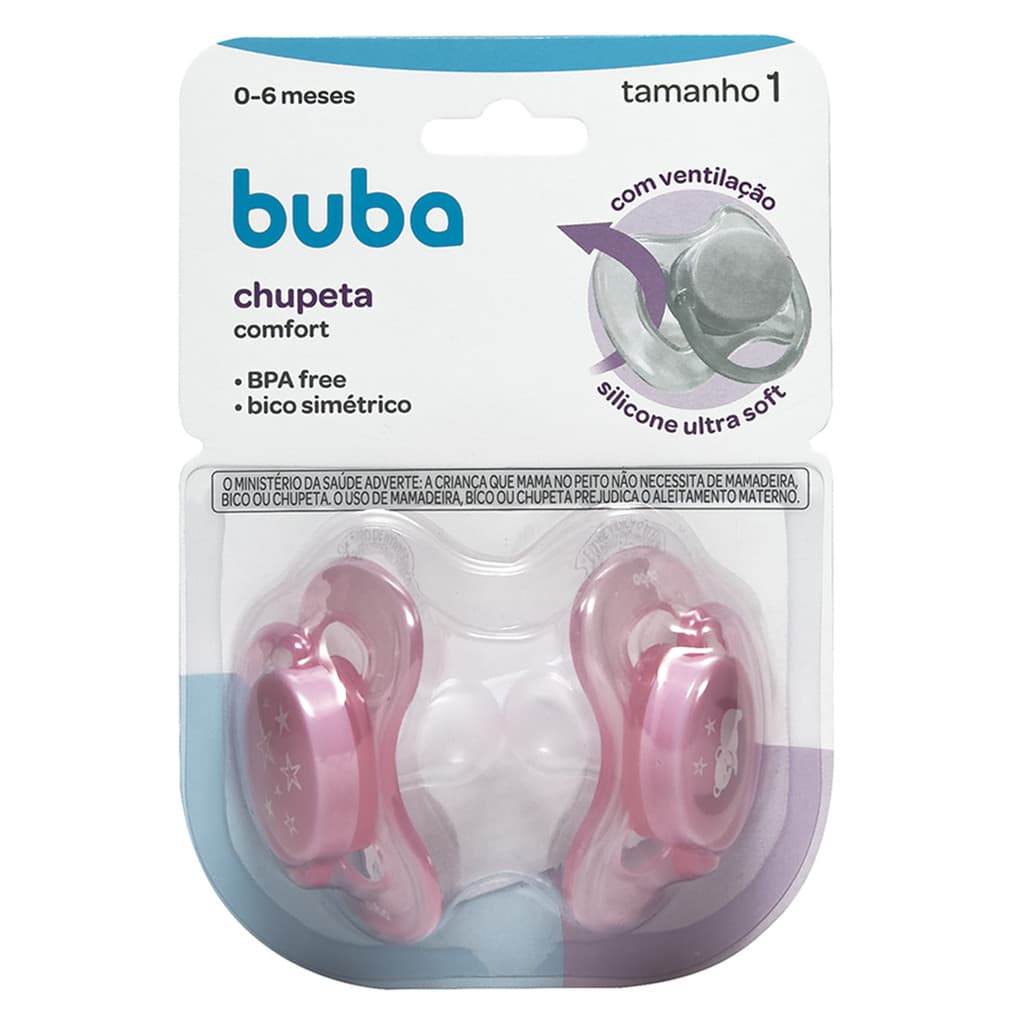 Kit 2 Chupeta Comfort Buba Tamanho 1 Ursinho/Estrela Rosa
