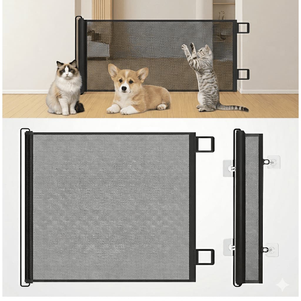 Tela de proteção para Pets Bebês Cercadinho Retrátil Automático Portas Animais Infantil Grade Ajustável