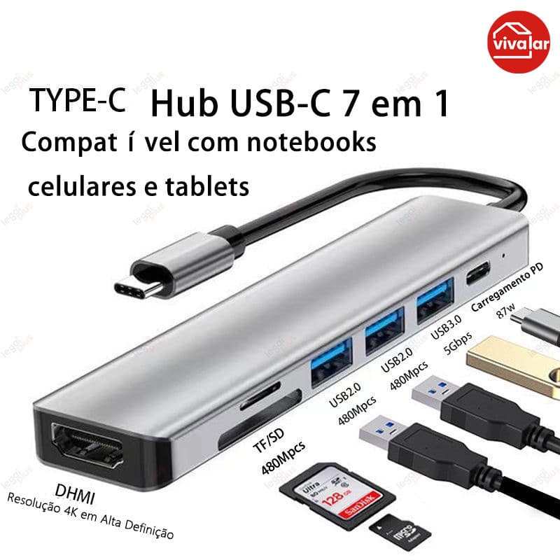 Dock USB-C 7 em 1: Transmissão 4K@30Hz, Entradas USB 3.0+2.0 e Slot para Cartão SD/TF