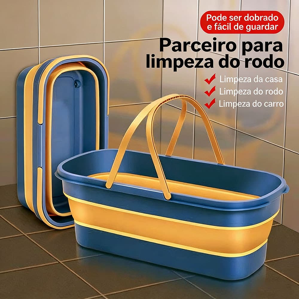 Balde Dobrável Multiuso azul e branco: Limpeza de Rodo, Casa e Carro com Facilidade，com 4 rodas.
