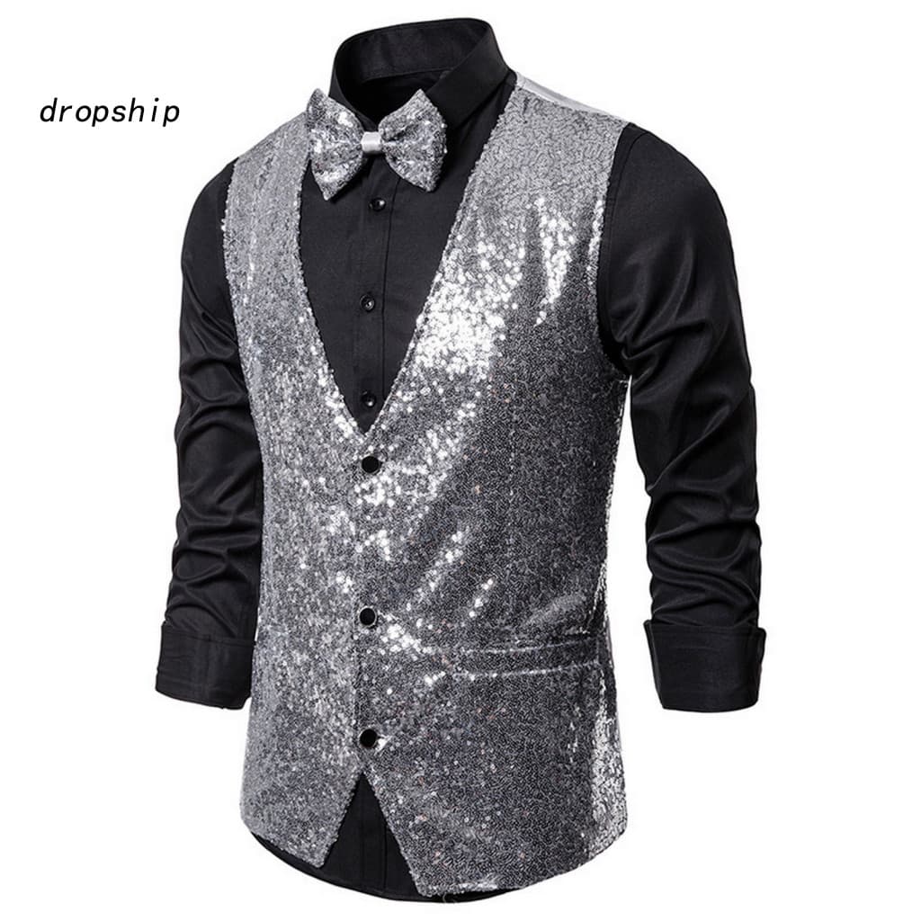 Fashionable Men Sleeveless Suit Jacket Skin-friendly Vest Men's Sequin Bow Tie Set Slim Fit Waistcoat Single-breasted V-