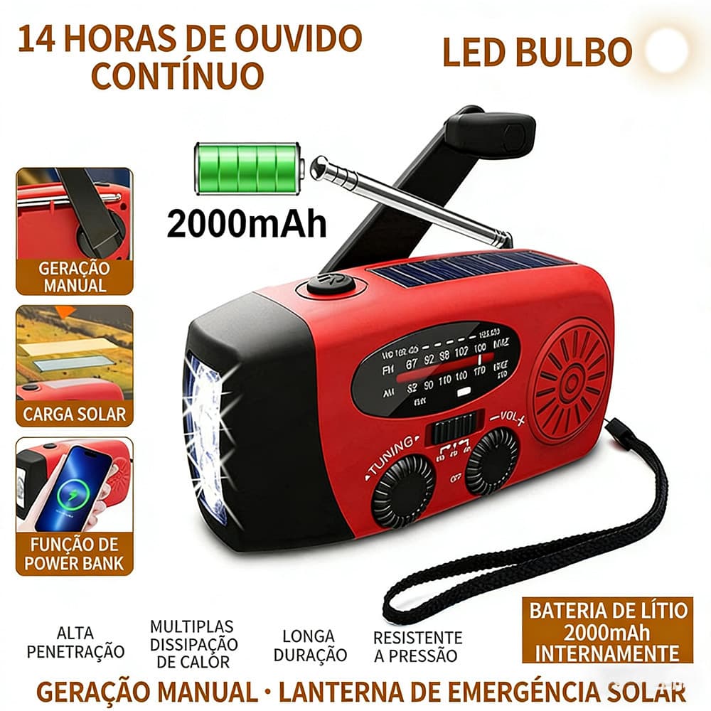 Rádio De Emergência Manivela Solar 1200mah Com Lanterna E Função De Carregamento De Celular