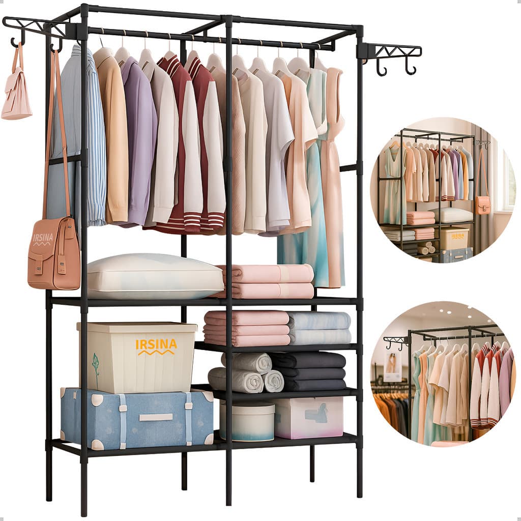 Guarda Roupa Aberto Closet Portatil 2 Divisórias Preto com 6 Prateleiras