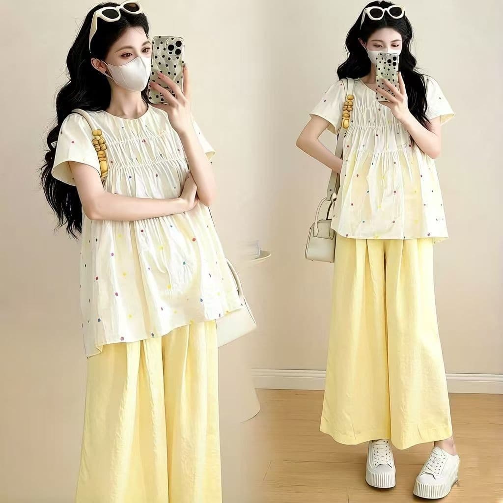 Roupa de maternidade moda terno solto tamanho grande manga curta capa barriga superior calças de perna larga maternidade