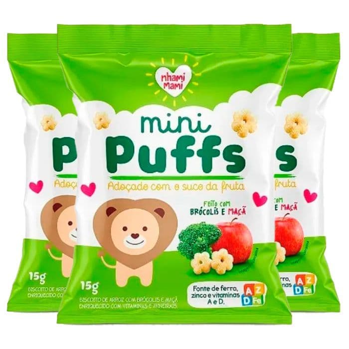 Biscoito de Arroz Mini Puffs Brócolis e Maçã Zero Glúten, Integral Nhami Mami contendo 3 pacotes de 15g cada