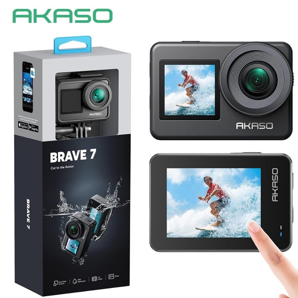 Câmera de Ação AKASO Brave 7 4K, 20MP, Tela Tátil IPX8, EIS 2.0, Controle por Voz, Suporte a Microfone Externo
