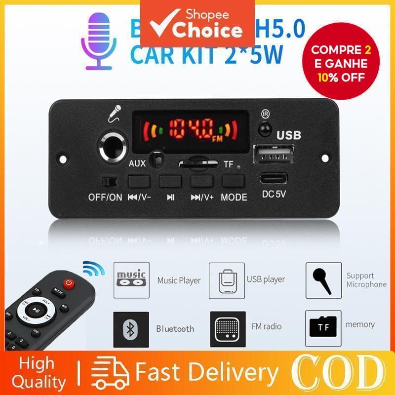  Placa Amplificadora Bluetooth 10W – Módulo de Rádio FM para Carro com TF/USB, Chamada Mãos Livres & Microfone, Saída de
