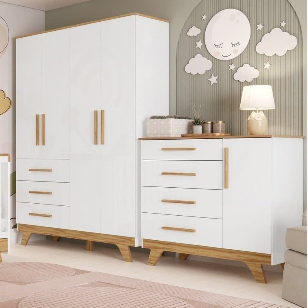 Quarto Infantil com Guarda Roupa 4 Portas e Cômoda 1 Porta 100% MDF Kakau Retrô Espresso Móveis Branco