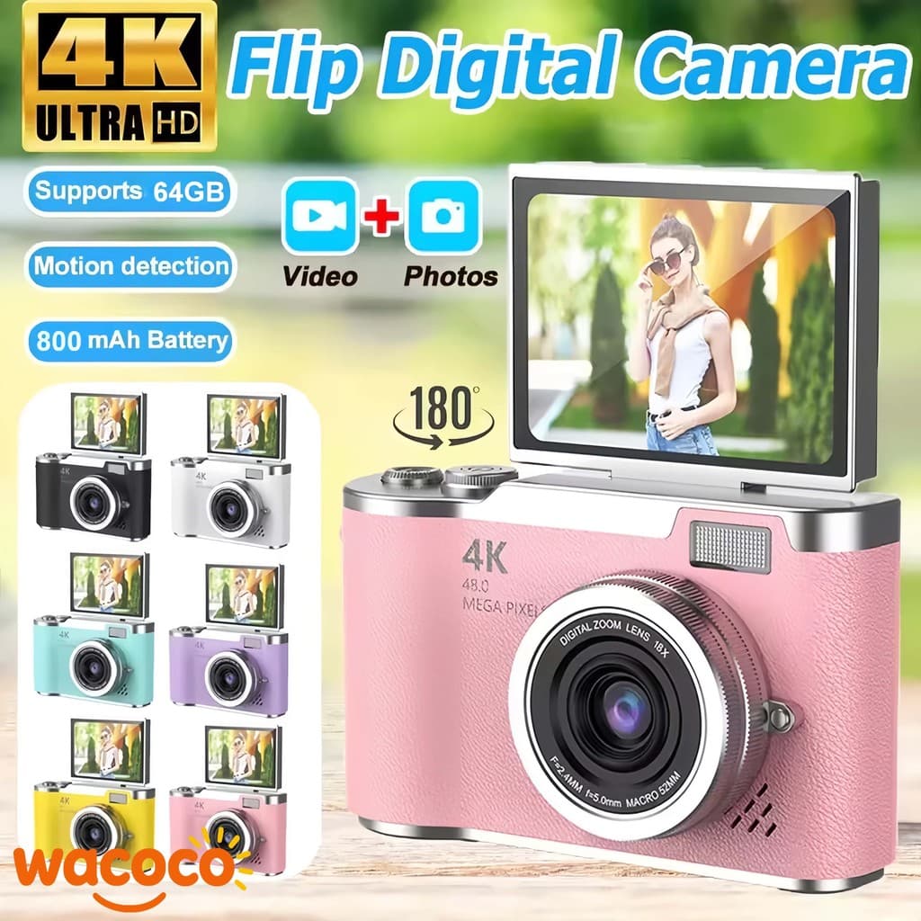 Câmera Digital NOVA 2026 48MP – Tela Flip 4K 8X Zoom, Portátil Selfie CCD para Estudantes