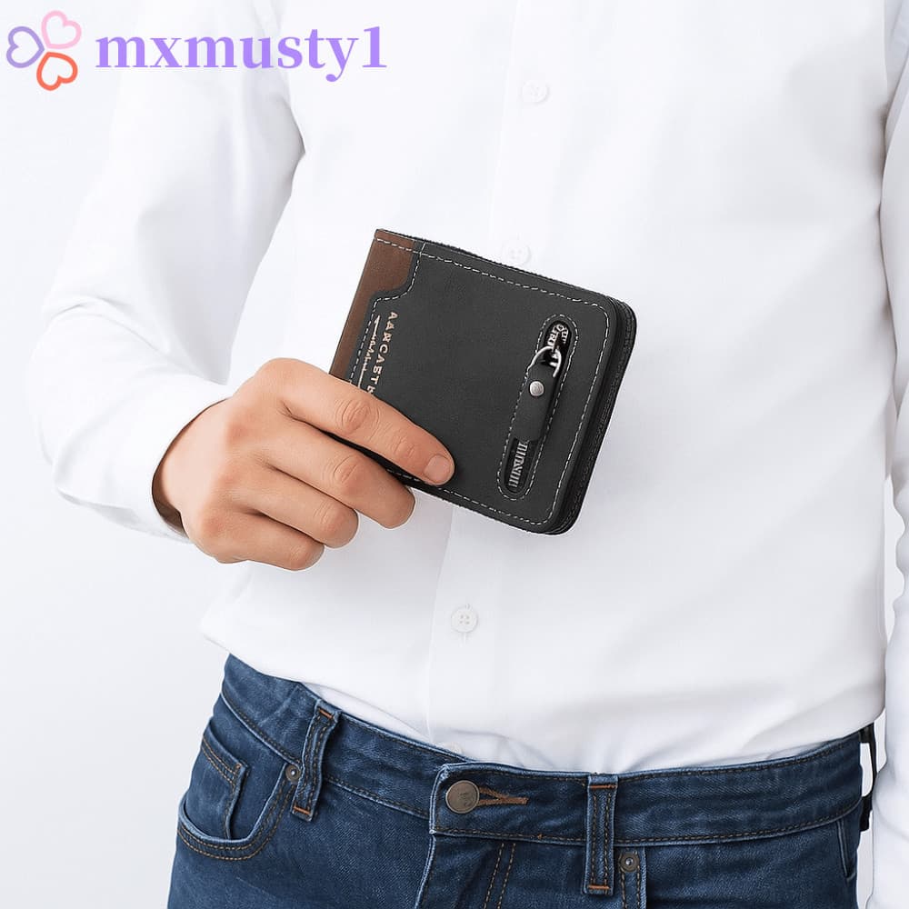 Carteira Curta Masculina MXMUSTY , Bolsa De Moedas De Couro PU Fino Multiposição , Porta-Cartões Com Zíper De Grande Cap