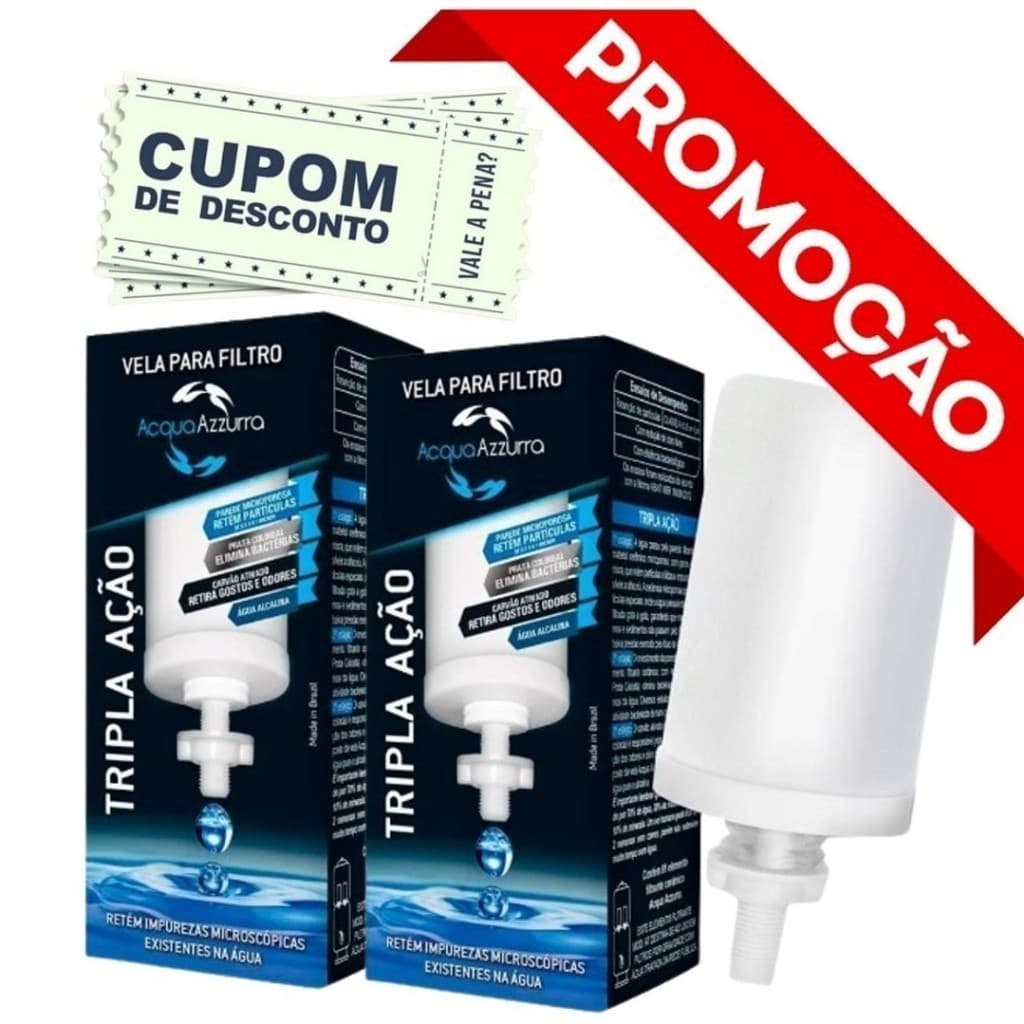 Kit 2 Vela Tripla Ação Alcalina, Carvão Ativado e Prata Coloidal Compatível em Todos Filtro De Barro