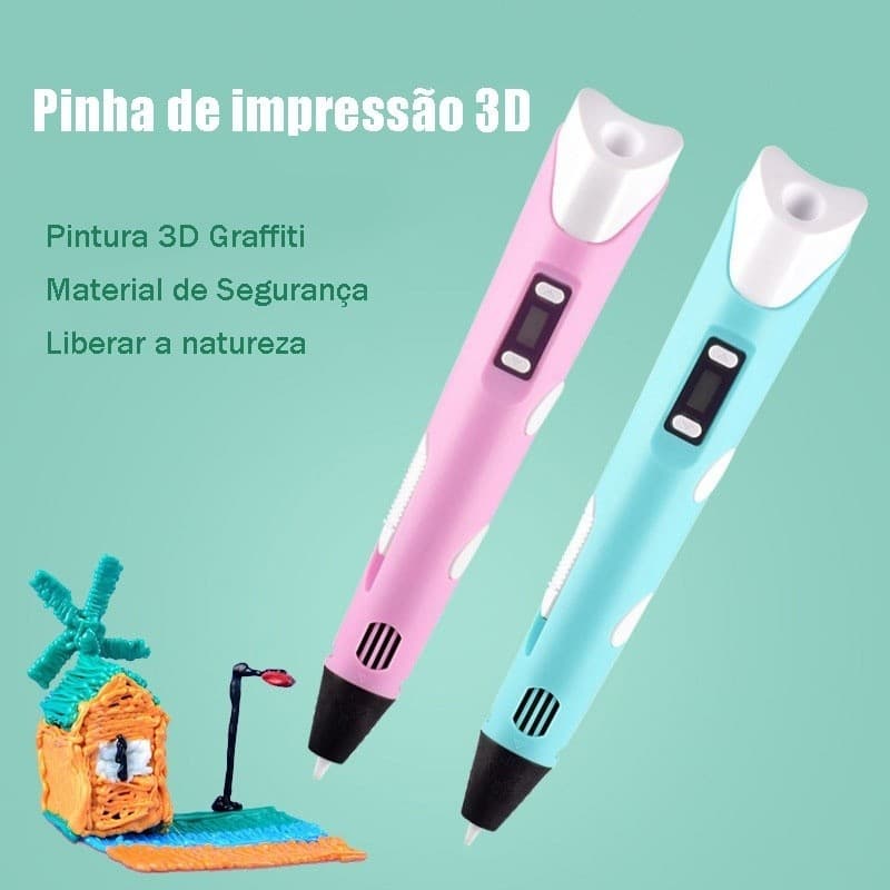 Caneta Impressora 3D Infantil Com Refil Filamento Plástico Seguro e Divertido - Pintura Desenho 3D DIY