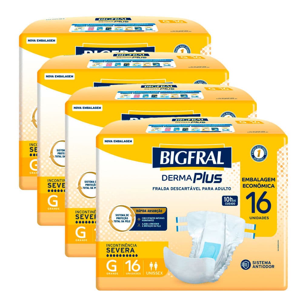 Kit 4 Fralda Bigfral Derma Plus Econômica G 16 Unidades