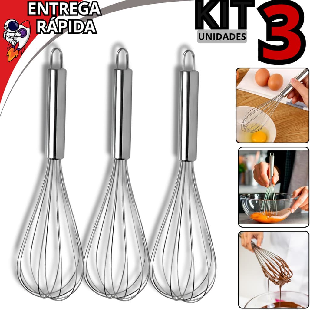 Kit 3 Fouet Inox 30cm Batedor de Ovos Claras Massas Bolos Utensílio Cozinha Restaurante Padaria