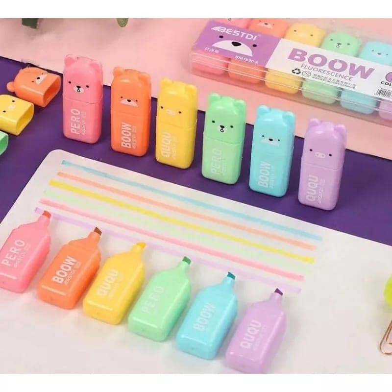 KIT COM 6 Mini Marca Texto Urso Ursinho (RM1520-6) Estojo Com TEXTO BOOW Roxo