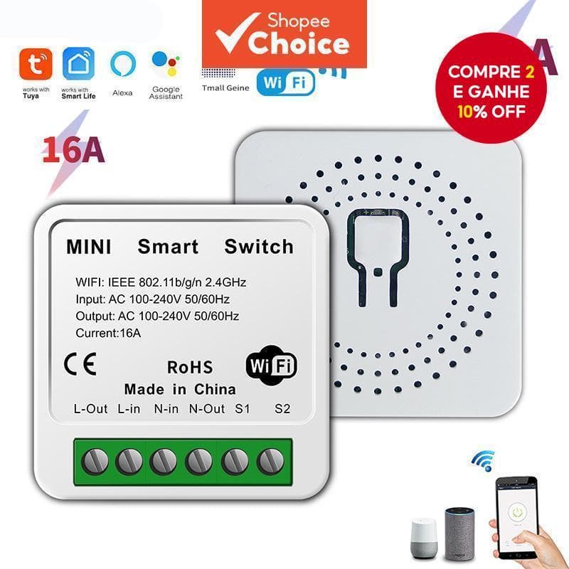 WiFi Mini DIY Smart Switch 10A/16A APP Luz Remota Funciona Para Alexa Google Com Tuya