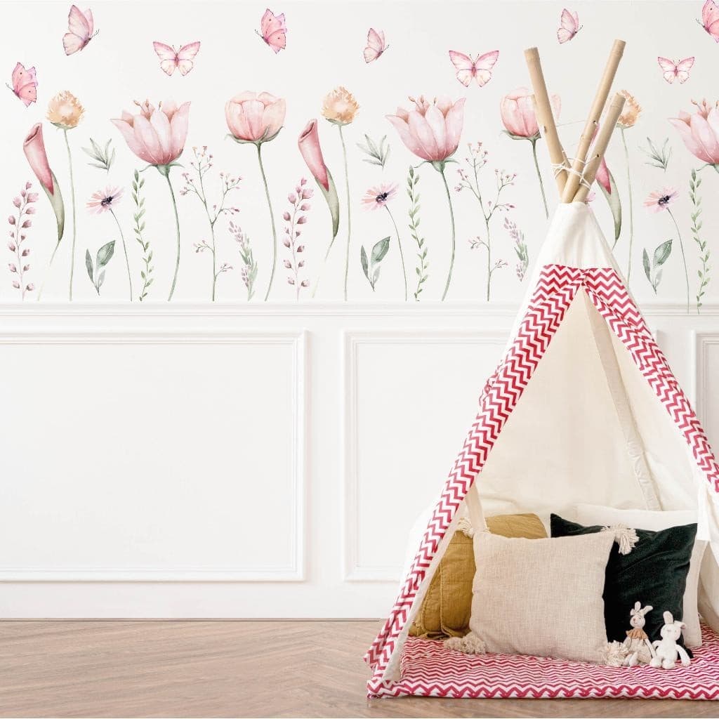 Adesivo Para Parede Floral, Flores, Decoração Quarto Menina, Adesivo Transparente Jardim Encantado