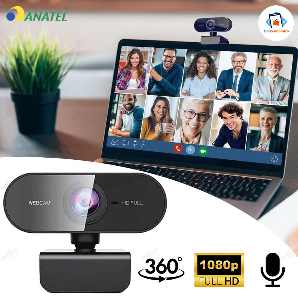 Webcam Full HD 1080p com Microfone Embutido Rotação 360° Ajuste Livre para PC Notebook Home Office