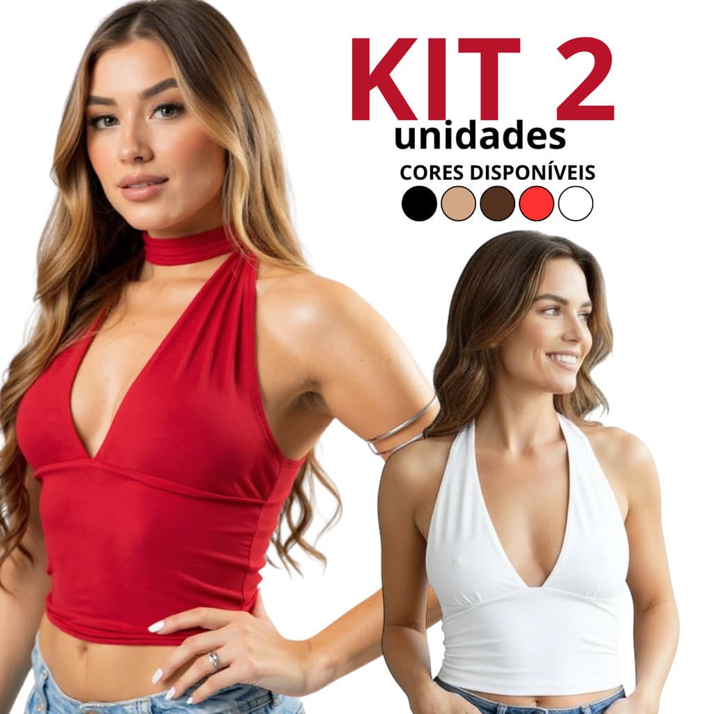 Kit 2 Blusa Cropped Feminino Amarração Multiformas Top Decote Forrado Suplex Premium Slim Sustentação Festa Decotado