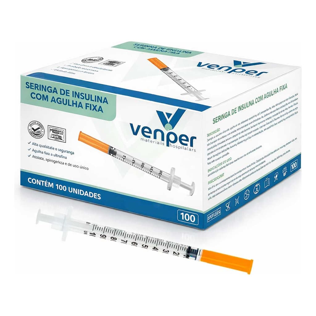 Seringa de insulina agulha fixa 1ml 8x30mm cx/100uni  VENPER