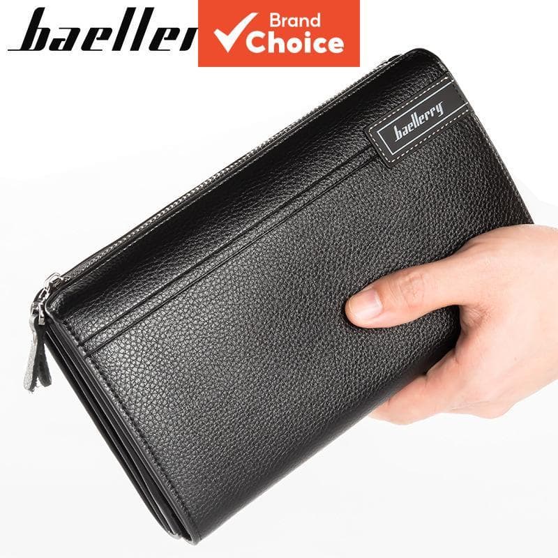  Carteira Masculina de Couro Baellerry, Grande Capacidade, Bloqueio RFID, Porta-cartões com Zíper e Clutch